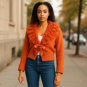 Radzoli Knit Cardigan Ruffle Fur Trim Orange Medium